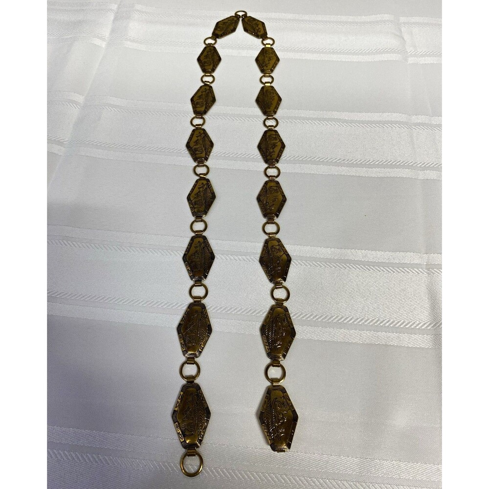 Gold Tone Chain Belt – Engraved Decorative Links & Clasp Vintage Fashion Accesso